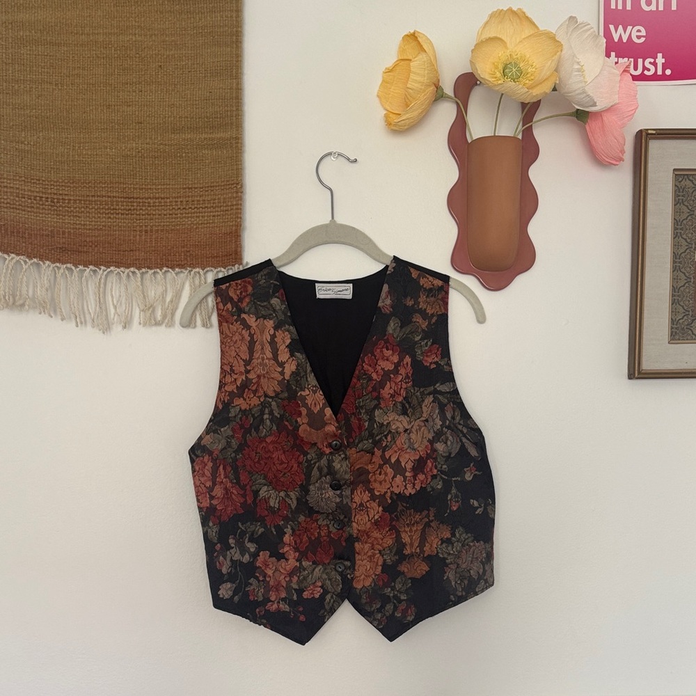 Erica Simone Vintage Floral Tapestry Vest in Black with Red & Rust Blooms